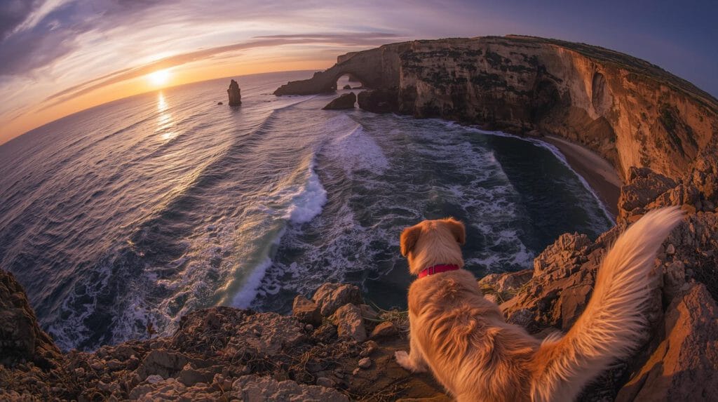 Hond loopt langs Portugese kustlijn bij zonsondergang