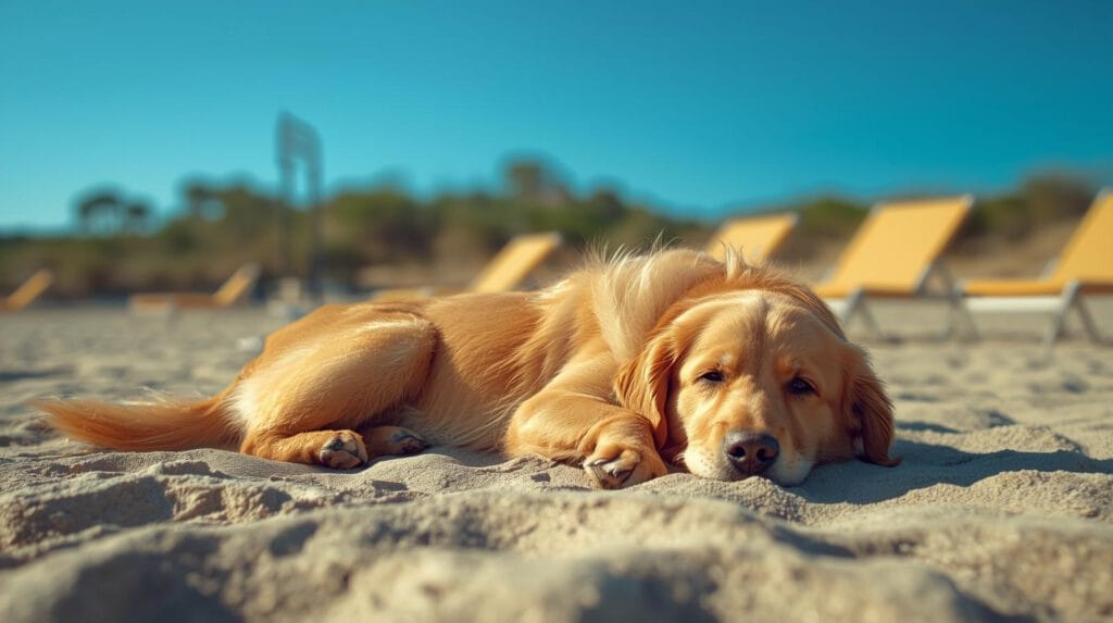 Hond ontspannen op zandstrand met ligbedden in Toscane