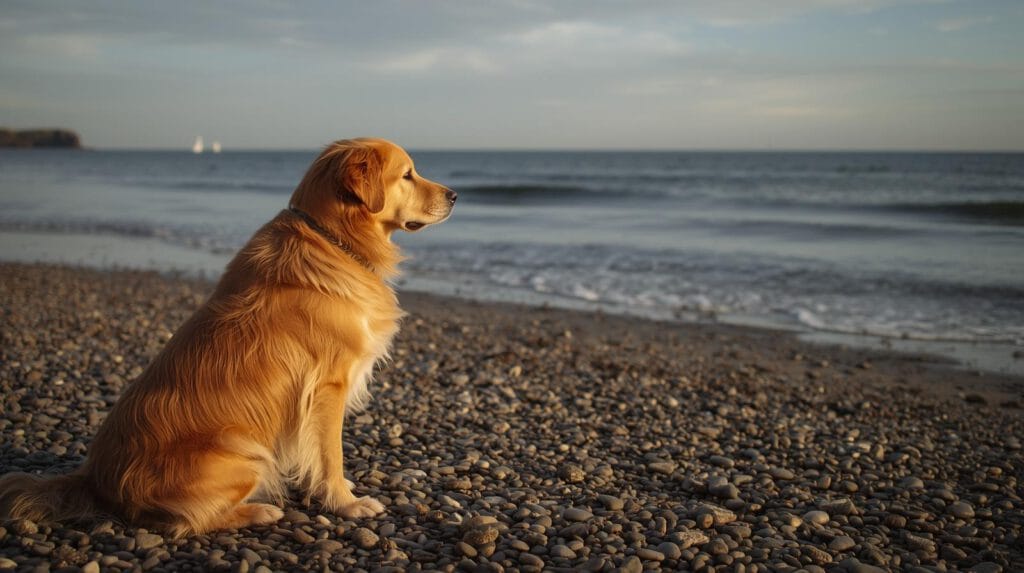 Hond op kiezelstrand kijkt uit over zee in Engeland
