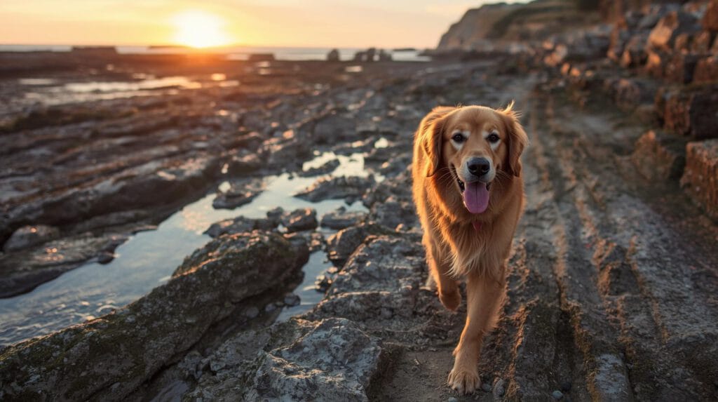 Hond op rotsachtig kustpad in Bretagne bij eb