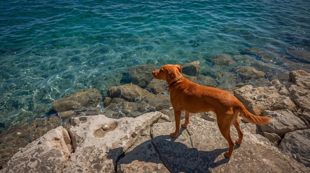 Hond op rotsachtige baai met helder water, Mallorca