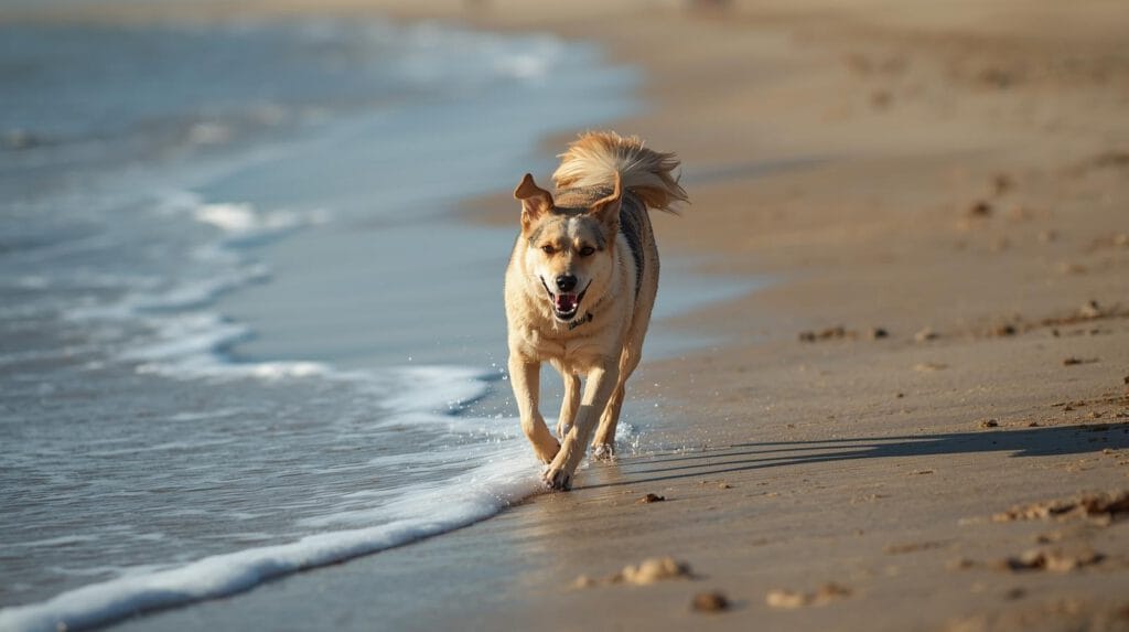 Hond rent langs de branding op breed zandstrand in Nederland