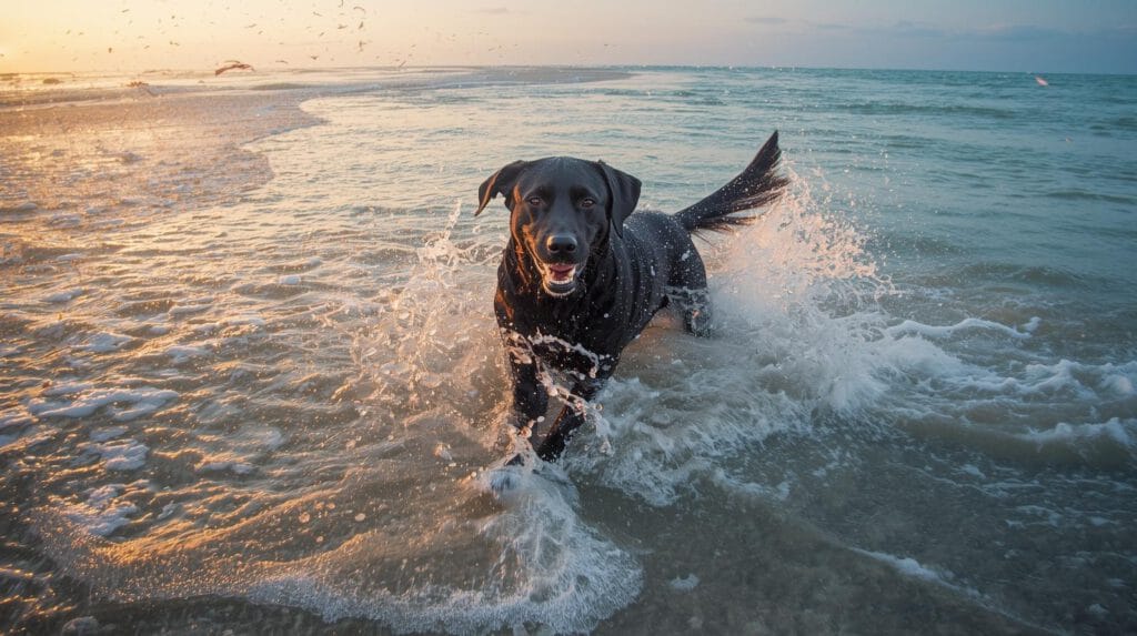 Hond speelt in zee op Waddeneiland strand