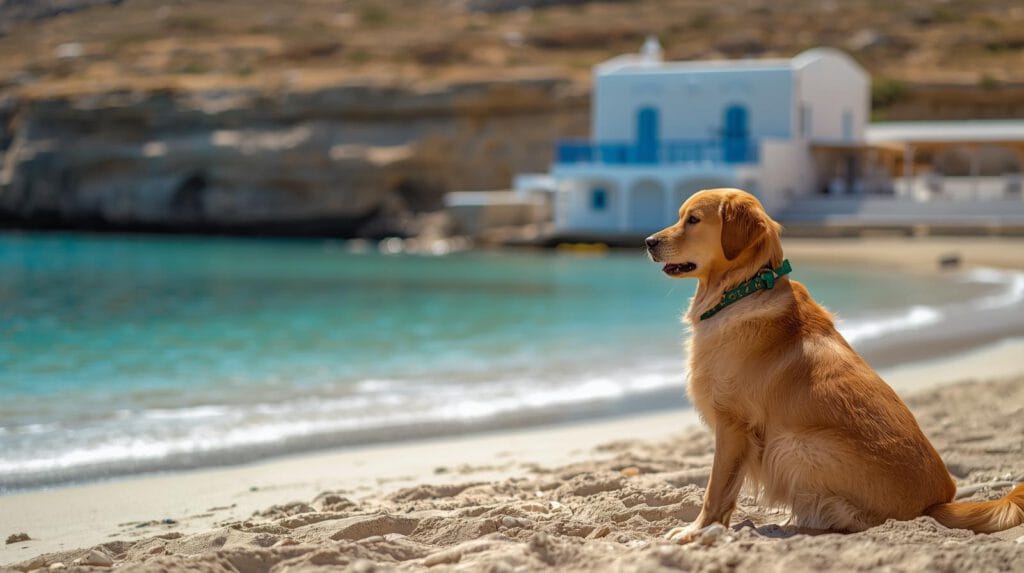 Hond zit op zandstrand met helder water op Kreta