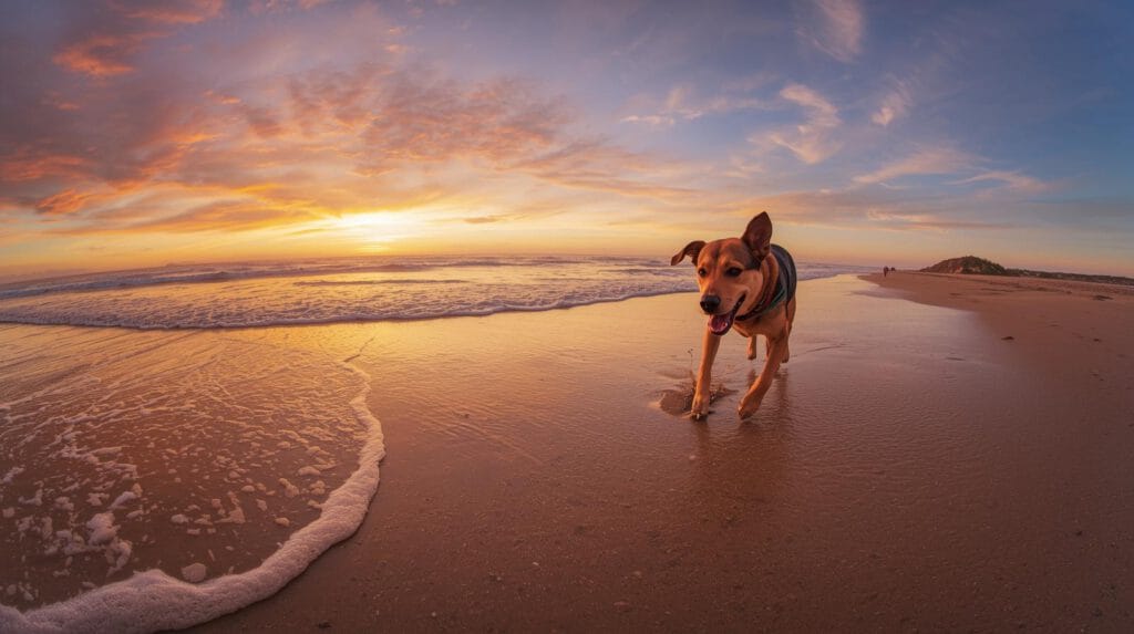 Hondvriendelijk strand bij zonsondergang