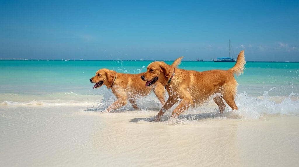 Twee Golden Retrievers spelen op een zonnig strand en spetteren in het ondiepe turquoise water met zacht, wit zand onder een stralendblauwe lucht.