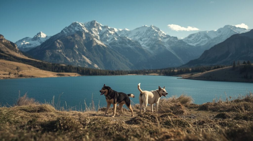 2 honden in de alpen bij een bergmeer