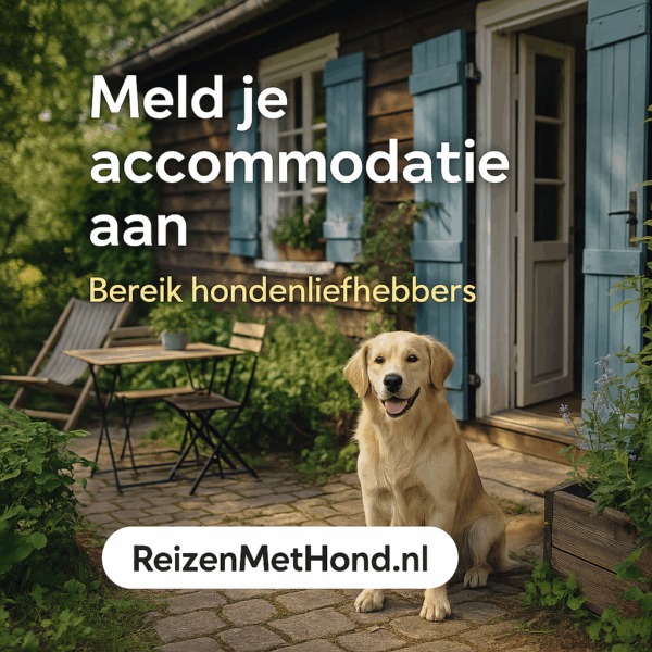 Hond zit voor een vakantiehuis in Denemarken met omheinde tuin, promotie voor hondvriendelijke accommodatie aanmelden bij ReizenMetHond.nl