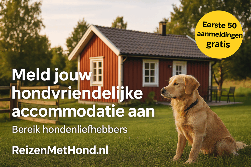Promotieafbeelding ReizenMetHond.nl: hond voor rood vakantiehuis met tekst 'Meld jouw hondvriendelijke accommodatie aan – Eerste 50 aanmeldingen gratis'