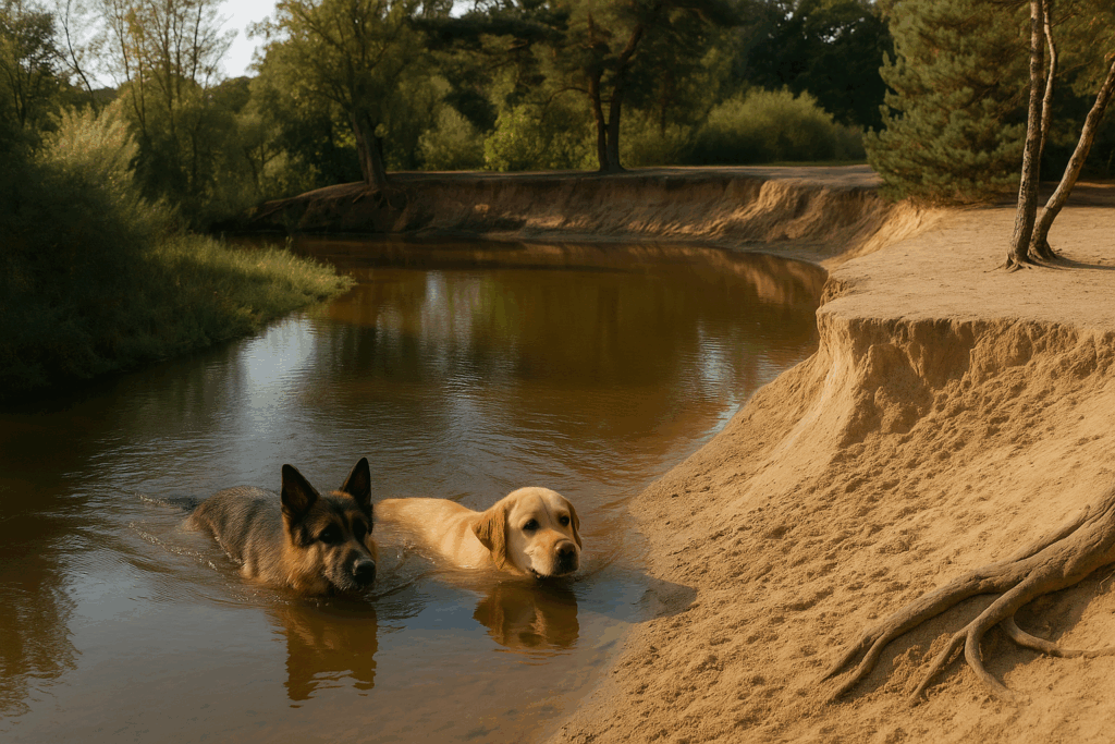 Vakantie met hond in Twente . Twee honden, een Duitse herder en een Labrador, zwemmen in de Dinkel bij het Lutterzand in Twente, omgeven door zandduinen en bos.