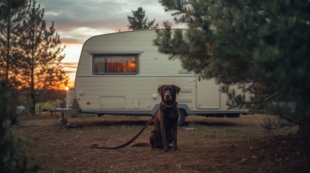 Hond aan lange lijn op schaduwrijke kampeerplaats bij caravan.