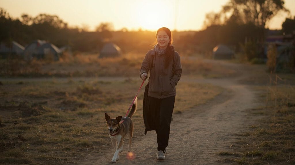 Hond wandelt met eigenaar over een campingpad in de avondzon.