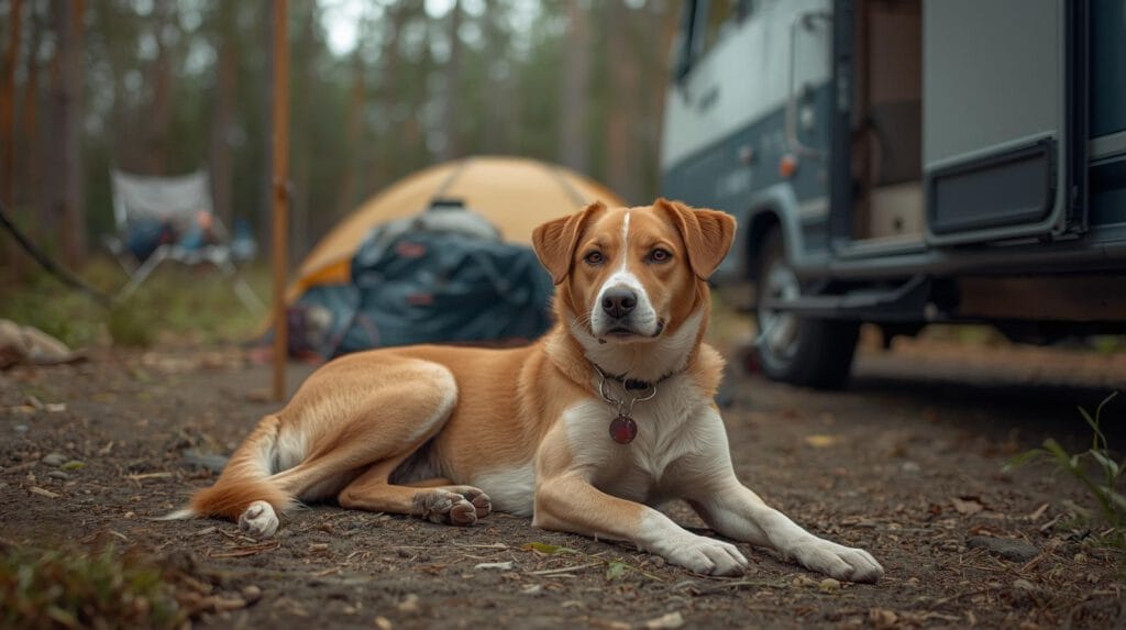Hond ligt rustig bij een caravan op een natuurcamping tijdens kamperen met je hond