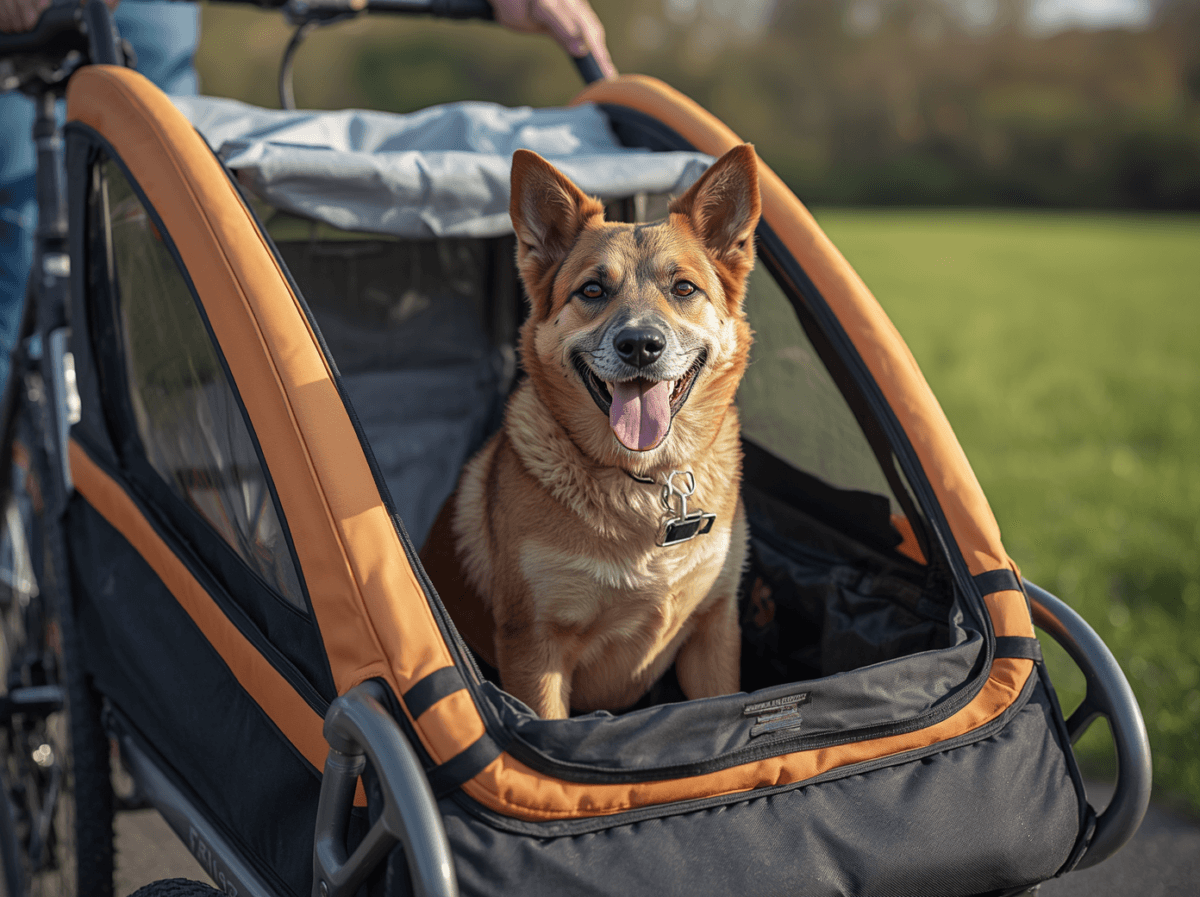 Hond in hondenfietskar achter fiets op bospad