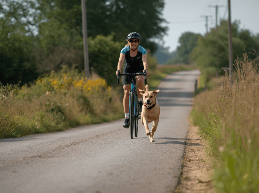 Hond rust naast fiets tijdens fietsvakantie op landweggetje